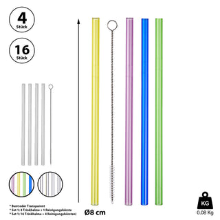 4/16 St. Glastrinkhalm +Reinigungsbürste Transparent/Bunt Strohhalme Glas Wiederverwendbar umweltfreundlich