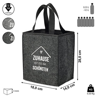 Flaschenträger aus Filz für 6 Flaschen mit Spruch 'Zuhause ist es am schönsten' hellgrau oder anthrazit Flaschenkorb Tragetasche Männerhandtasche