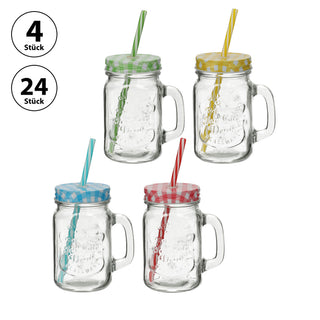 4/24x Trinkglas mit Deckel und Strohhalm Glas Getränkeglas Outdoorglas