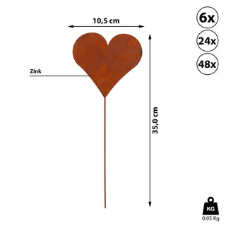 6/24/48x Gartenstecker "Rusty" Herzmotiv im Rost-Design H 35 cm aus Zink