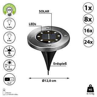 1/8/16/24x Wegleuchte Solar Erdspieß Gartenleuchte Bodenlicht 8 LEDs Ø12cm Edelstahl