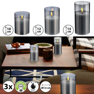3x LED Echtwachs-Kerze im Glas Ø7,5 H:10/12/15cm Kerzenset Flackerfunktion Timerfunktion