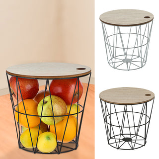Metallkorb weiß / schwarz mit Holzdeckel H21cm Drahtkorb Korb Aufbewahrung Drahtgestell