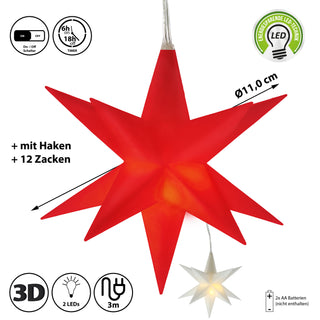 Leuchtstern 3D weiß / rot Ø11cm zum Aufhängen Timerfunktion Weihnachtsstern Weihnachtsbeleuchtung