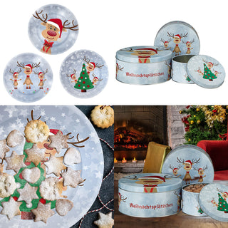3x Gebäckdose oder -Teller " Rentier Ole" rund Weihnachtskekse Weihnachtsgebäck Keksdose Dose Weihnachtsdose