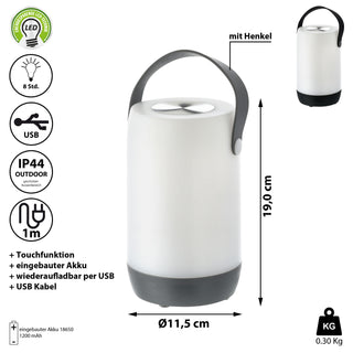 LED Leuchte Touchfunktion H19cm weiß/grau oder weiß/schwarz Outdoor IP44 H19cm Henkellampe akkubetrieben Gartenlampe