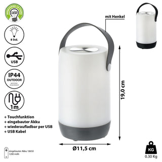 LED Leuchte Touchfunktion H19cm weiß/grau oder weiß/schwarz Outdoor IP44 H19cm Henkellampe akkubetrieben Gartenlampe