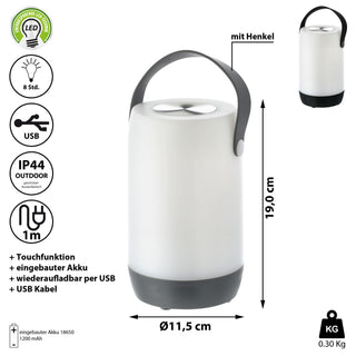 LED Leuchte Touchfunktion H19cm weiß/grau oder weiß/schwarz Outdoor IP44 H19cm Henkellampe akkubetrieben Gartenlampe