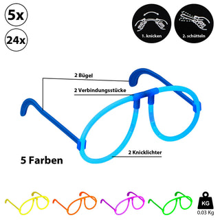 5/24x Partybrille Knicklicht 5er Set Brille Neonbrille Leuchtbrille 5 Farben Bügelbrille Partygag
