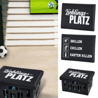 Bierkastensitz Spruch "Lieblingsplatz"/"Grillen,Chillen.." 43x33cm MDF Kunststoff Sitzpad Bierkastenhocker Sitzkissen