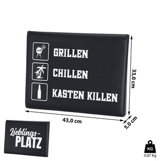 Bierkastensitz Spruch "Lieblingsplatz"/"Grillen,Chillen.." 43x33cm MDF Kunststoff Sitzpad Bierkastenhocker Sitzkissen