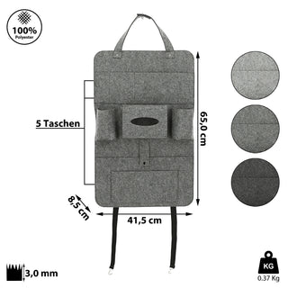 Auto Organizer Filz 41x65cm hell-/grau/anthrazit Klettverschluss Spannriemen Taschen Rücksitztasche Multitasche Multipocket