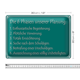 Blechschild Spruch 30x20cm Die 6 Phasen unserer Planung