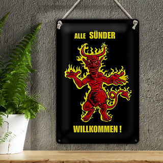 Blechschild Spruch 20x30cm Alle Sünder willkommen (Teufel)
