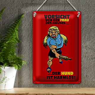 Blechschild Hinweis 20x30cm Vorsicht vor Frau Hund harmlos