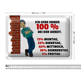 Blechschild Spruch 30x20cm Gebe immer 100% bei der Arbeit