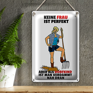 Blechschild Spruch 20x30cm Keine Frau perfekt aber als Dorfkind Schiild