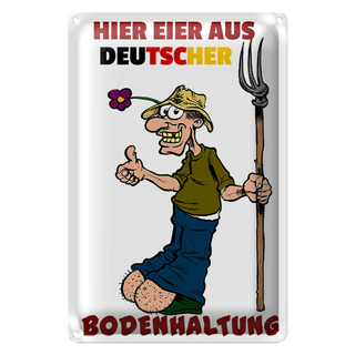 Blechschild Hinweis 20x30cm Eier aus deut.Bodenhaltung Mistgabel