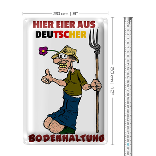 Blechschild Hinweis 20x30cm Eier aus deut.Bodenhaltung Mistgabel