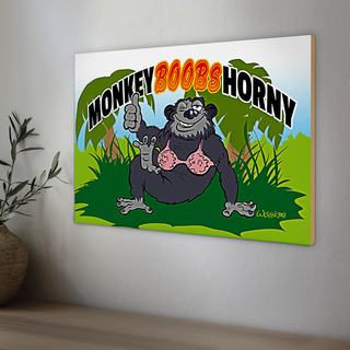 Holzschild Spruch 30x20cm Monkey Boobs Horny Affe im BH