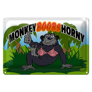 Blechschild Spruch 30x20cm Monkey Boobs Horny Affe im BH
