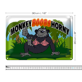 Blechschild Spruch 30x20cm Monkey Boobs Horny Affe im BH