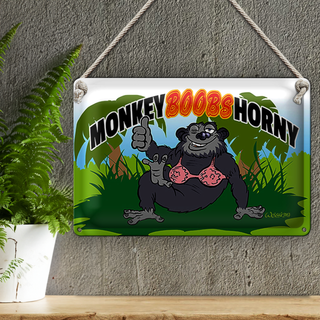 Blechschild Spruch 30x20cm Monkey Boobs Horny Affe im BH