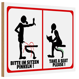 Holzschild Hinweis 30x20cm Bitte im Sitzen pinkeln (s/w)