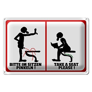 Blechschild Hinweis 30x20cm Bitte im Sitzen pinkeln (s/w)