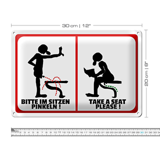 Blechschild Hinweis 30x20cm Bitte im Sitzen pinkeln (s/w)