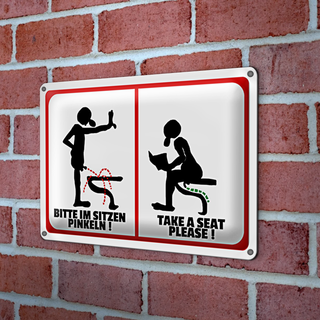 Blechschild Hinweis 30x20cm Bitte im Sitzen pinkeln (s/w)