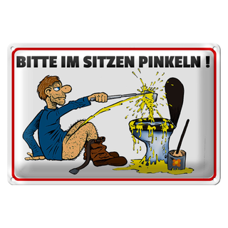 Blechschild Hinweis 30x20cm Bitte Sitzen pinkeln Mann auf Boden