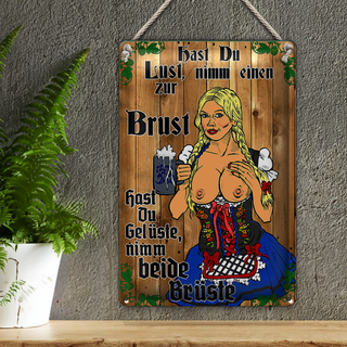 Blechschild Pinup 20x30cm Nimm einen zur Brust Bier