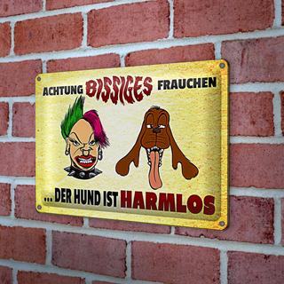 Blechschild Spruch 30x20cm Achtung bissiges Frauchen Hund