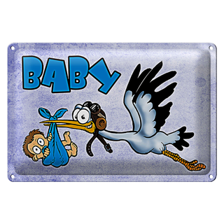 Blechschild Baby 30x20cm Storch bringt Kind in blau