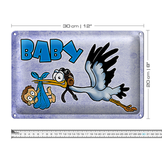 Blechschild Baby 30x20cm Storch bringt Kind in blau