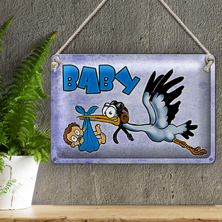 Blechschild Baby 30x20cm Storch bringt Kind in blau