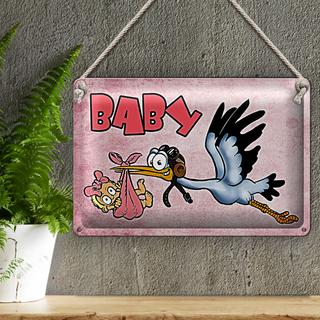 Blechschild Baby 30x20cm Storch bringt Kind Wanddeko
