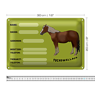 Blechschild Steckbrief 30x20cm Fuchswallach Name Besitzer Rasse