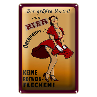 Blechschild Pinup 20x30cm Vorteil Bier keine Rotweinflecken