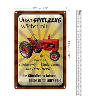 Blechschild Spruch 20x30cm Spielzeug wächst mit Traktor