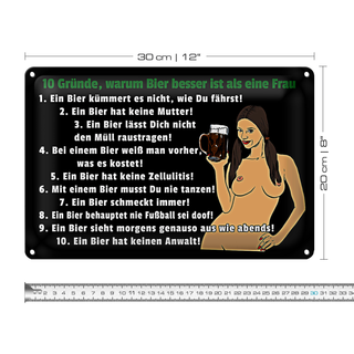 Blechschild Pinup 30x20cm 10 Gründe Bier besser als Frau