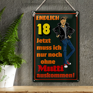 Blechschild Spruch 20x30cm endlich 18 muss noch ohne Mutti