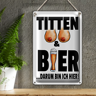Blechschild Spruch 20x30cm Titten und Bier darum bin ihier