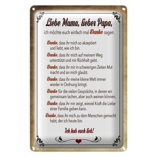 Blechschild Spruch 20x30cm Mama Papa hab euch lieb danke