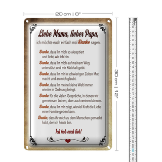 Blechschild Spruch 20x30cm Mama Papa hab euch lieb danke