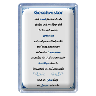 Blechschild Spruch 20x30cm Geschwister immer füreinander da
