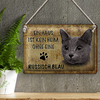 Blechschild Spruch 30x20cm russisch blau Katze
