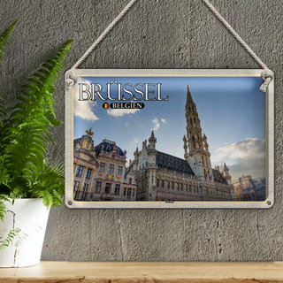 Blechschild Reise 30x20cm Brüssel Belgien Rathaus Wolken