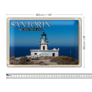 Blechschild Reise 30x20cm Santorin Griechenland Leuchtturm Akrotiri